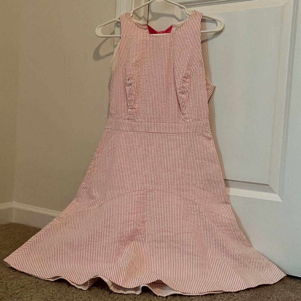 Jcrew seer sucker pink and white dress with pink bow that toes in the back